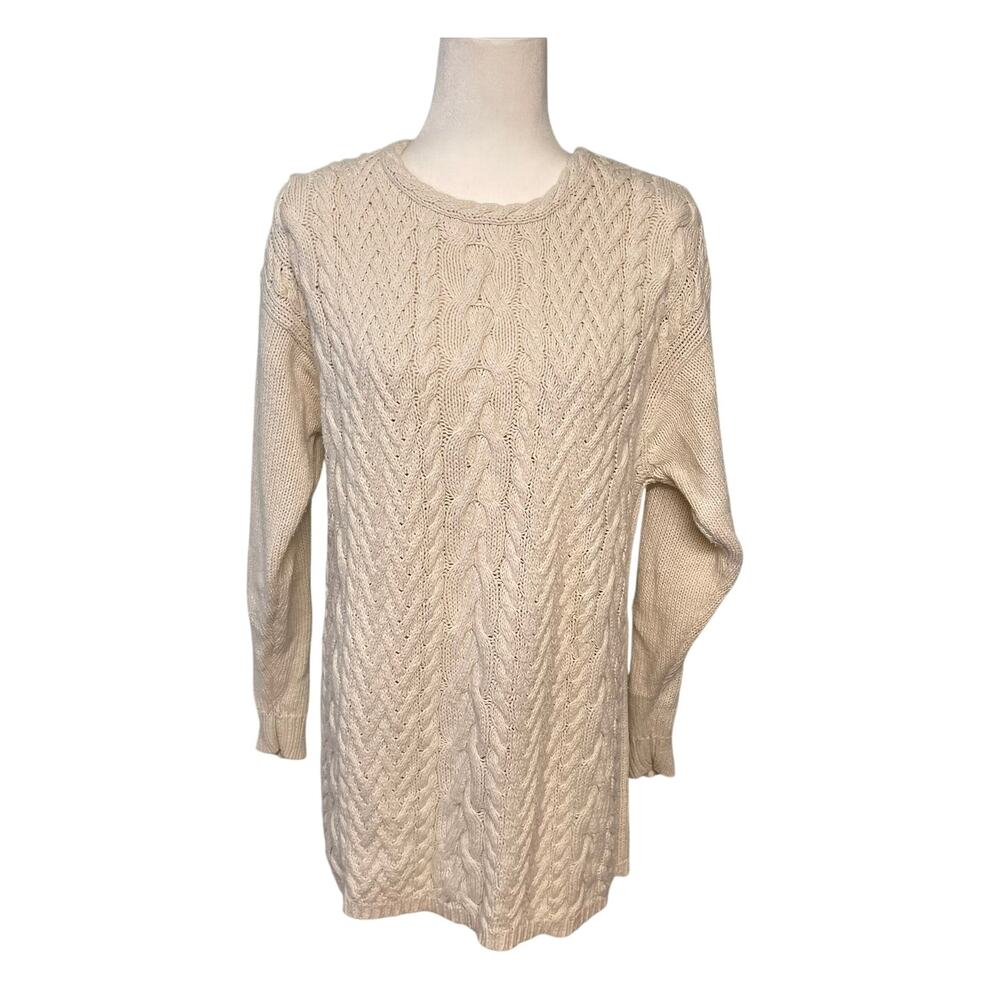 Cape Isle Knitters Hand Knit Fisherman Sweater L Cream Cotton Pullover Long